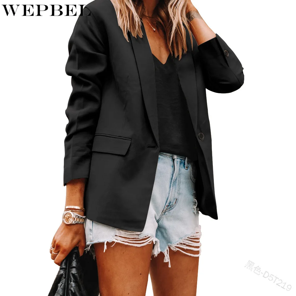 

WEPBEL Blazers Coat Women's Casual Solid Color Loose Coat Summer Fashion Long Sleeve Single Button Notched Blazers Coat