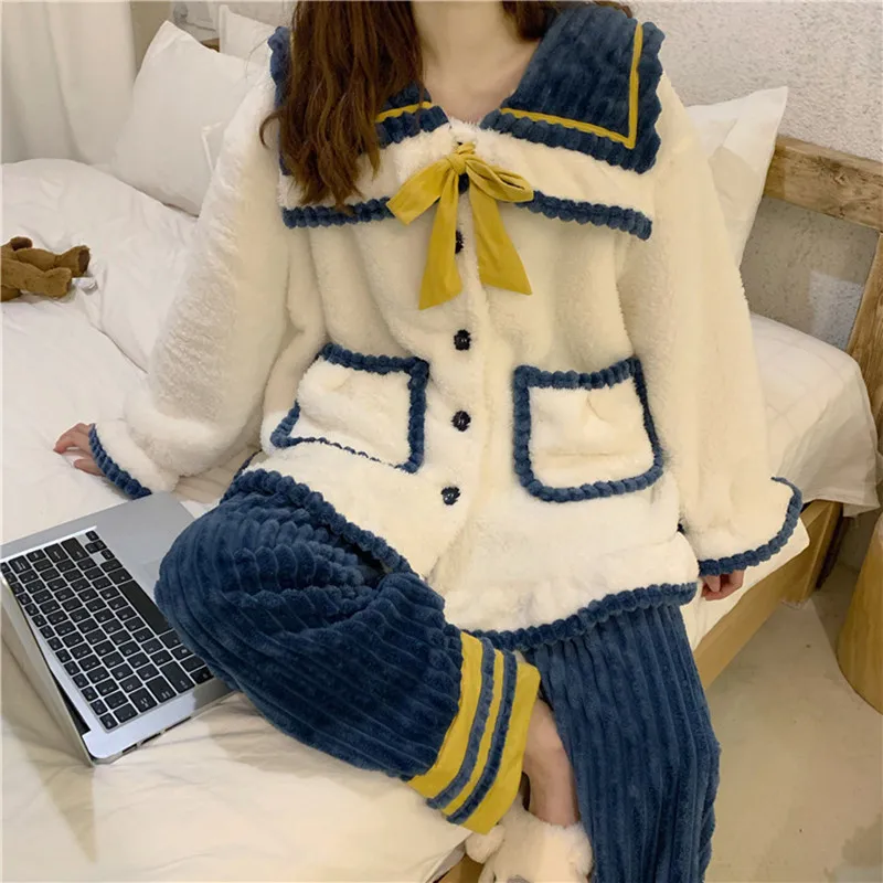 

Fdfklak Velvet Thick Winter Pajamas For Women Lapel Flannel Sleepwear Casual Home Clothes Sweet Student's Nightwear Pijamas