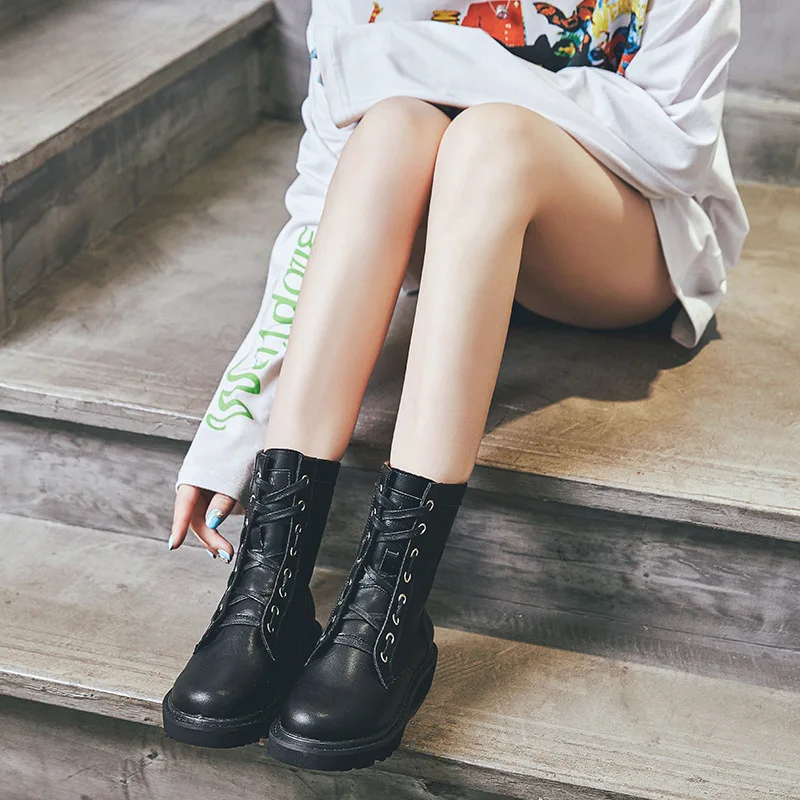 Женские ботинки до середины икры с перекрестной шнуровкой из искусственной кожи