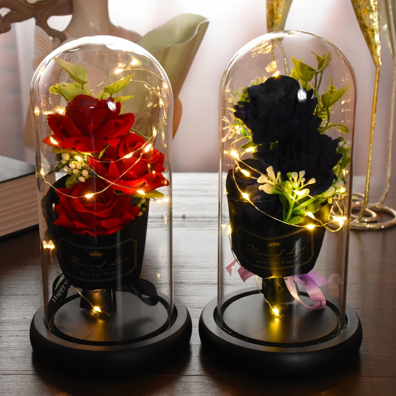 

1 Pc Valentine's Day Red Rose In Dome Glass Wedding Rose Decoration Eternal Flower Present LED-Light Artificial Flowers Decor
