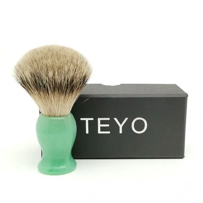TEYO Silvertip Badger Hair Shaving Brush With Emerald Green Pattern Resin Handle for Man Wet Shave Soap
