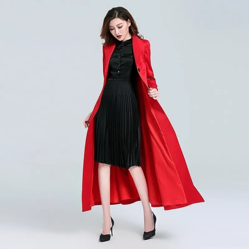 2020 дизайнерский стиль Осенний длинный плащ с красным поясом тонкий Однотонный