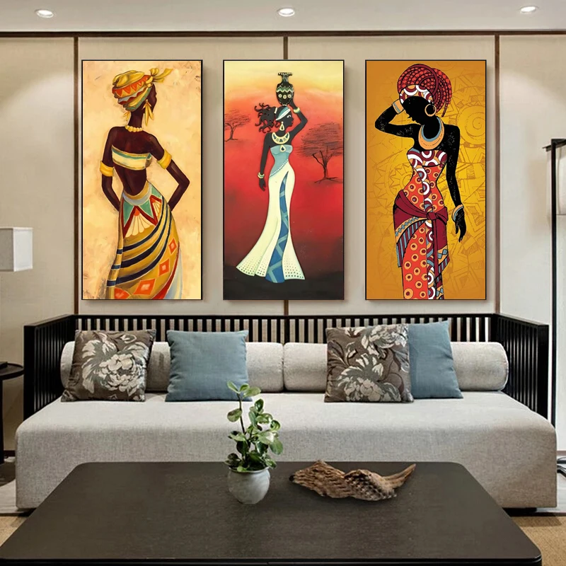 

African Long Skirt Black and Gold Woman Abstract Canvas Painting Posters and Prints Wall Art Pictures for Living Room Home Decor