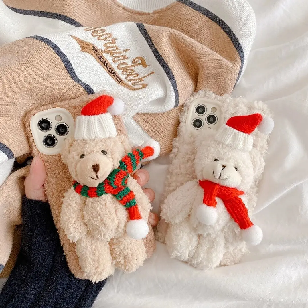 

Christmas Bear Phone Case For iPhone 12 12pro 12mini 11 7 8 6 6S Plus 13 Fur Case For iPhone XR X Xs 11 Pro Max Lovely Back