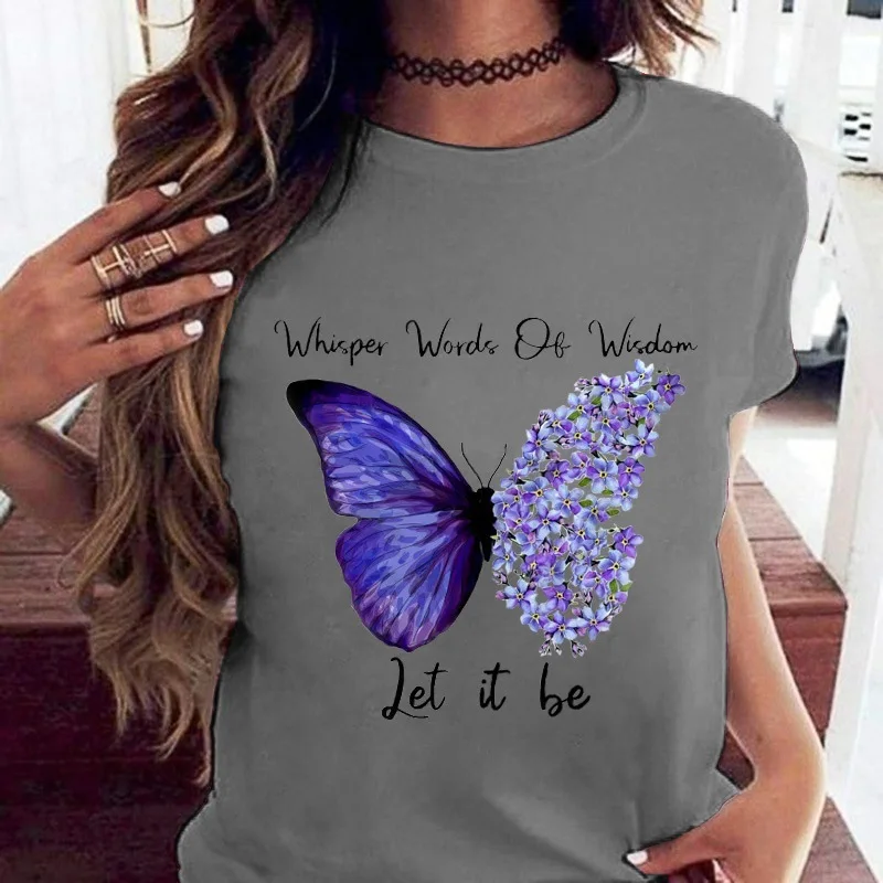 

Tops for Summer Sunflower Butterfly Letter Pattern Printed Short-sleeved Round Neck Loose T-shirt for Men and Women