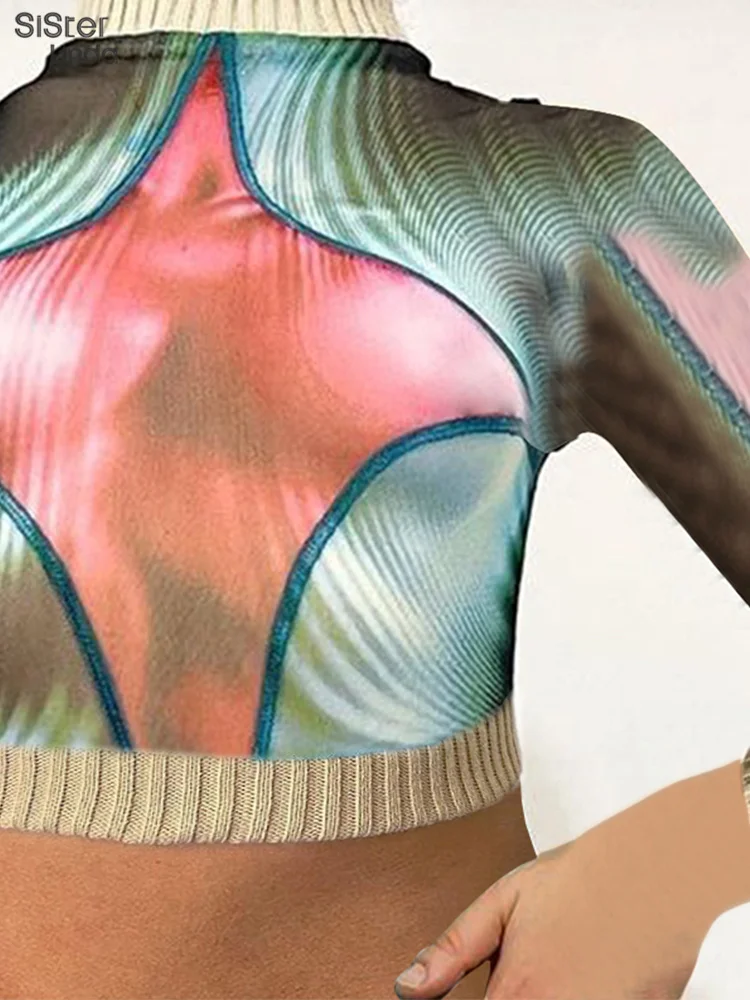 

Женский короткий свитер Sisterlinda, эластичный трикотажный топ в рубчик с длинным рукавом и принтом, Облегающая водолазка, уличная одежда, Y2K, ос...