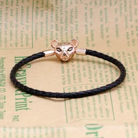 claudia s925 silver black single ring leather shining lion princess chain clasp bracelet lovers leather rope