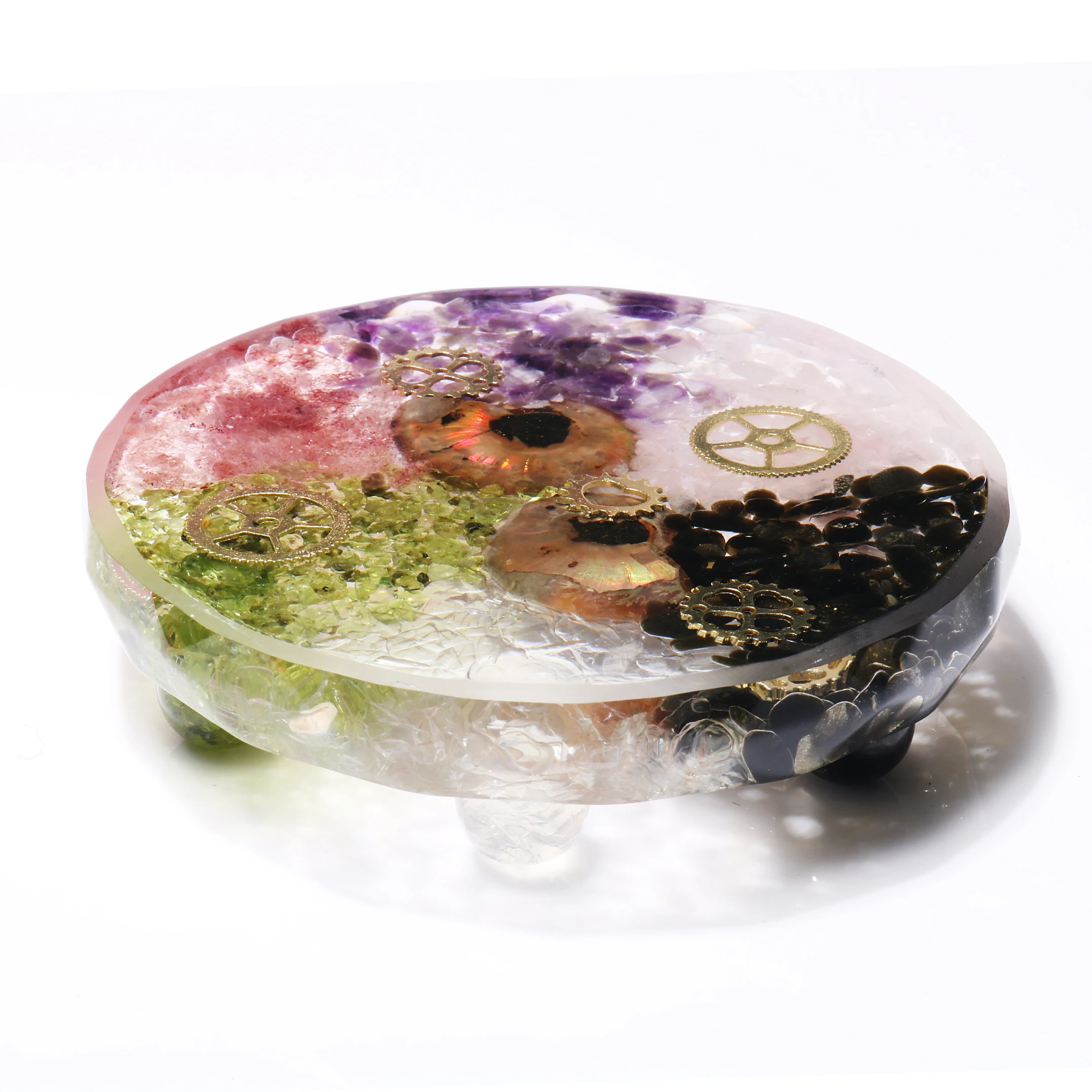 

Подставка из эпоксидной смолы «сделай сам», натуральный кристалл макадана, ископаемая спиральная шестерня, органный символ, медная проволо...