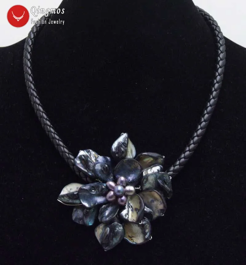 Qingmos 70mm Flower Black Shell Pendant Necklace for Women with Natural Pearl and 6mm Leather Rope 18'' Chokers | Украшения и