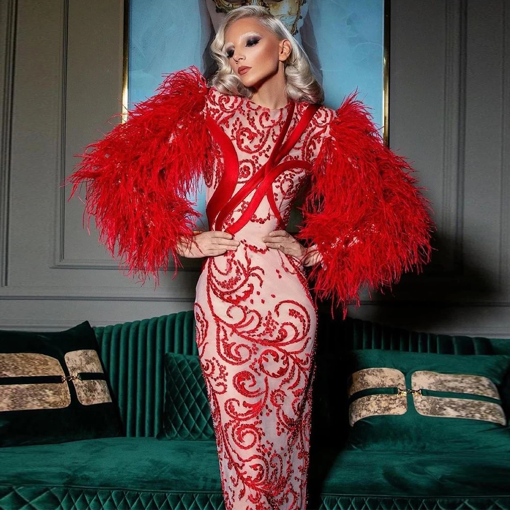 

Tea Length Burgundy Evening Dresses African American Women's Dress with Feather Beading Prom Gowns 2022 Spring Vestidos De Fiest