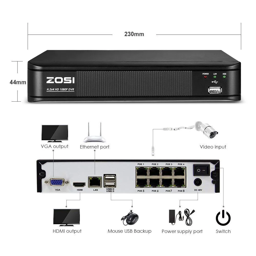 ZOSI 8CH NVR 1080P IP сеть POE Запись видео ИК наружная камера видеонаблюдения системы безопасности домашний комплект видеонаблюдения HDD