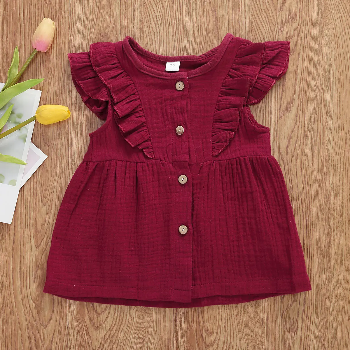 0-3Y Summer Cute Infant Baby Girls Mini Dress 4 Colors Solid Button Ruffles Sleeve A-Line Holiday Outfits | Детская одежда и обувь