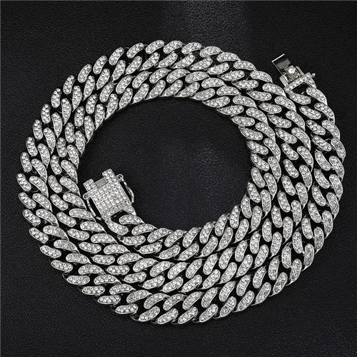 Silver Necklace 1Set Full Iced Out Paved Rhinestones 13MM Gold Silver Miami Curb Cuban Chain CZ Bling Rapper Necklaces For Men Hip Hop Jewelry - Окраска металла: Silver Necklace