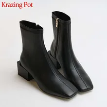 Krazing Pot/Классические однотонные ботинки из натуральной кожи с квадратным носком; повседневная обувь на высоком каблуке с боковой молнией; Модные женские зимние ботильоны; L26 Krazing Pot/Классические однотонные ботинки из натуральной кожи с квадратным носком; повседневная обувь на высоком каблуке с боковой молнией; Модные женские зимние ботильоны; L26