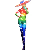 rainbow cloud pattern printing tight jumpsuits hat accessories turtleneck nightclub dance show wear party evening costume