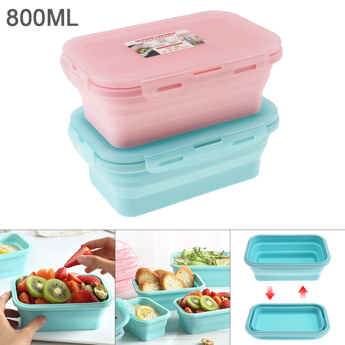 800 мл 7 дюймов 2 цвета Портативный Прямоугольный силиконовый масштабируемый складной Ланчбокс Bento Box для-40 по Цельсию~ 230 по Цельсию