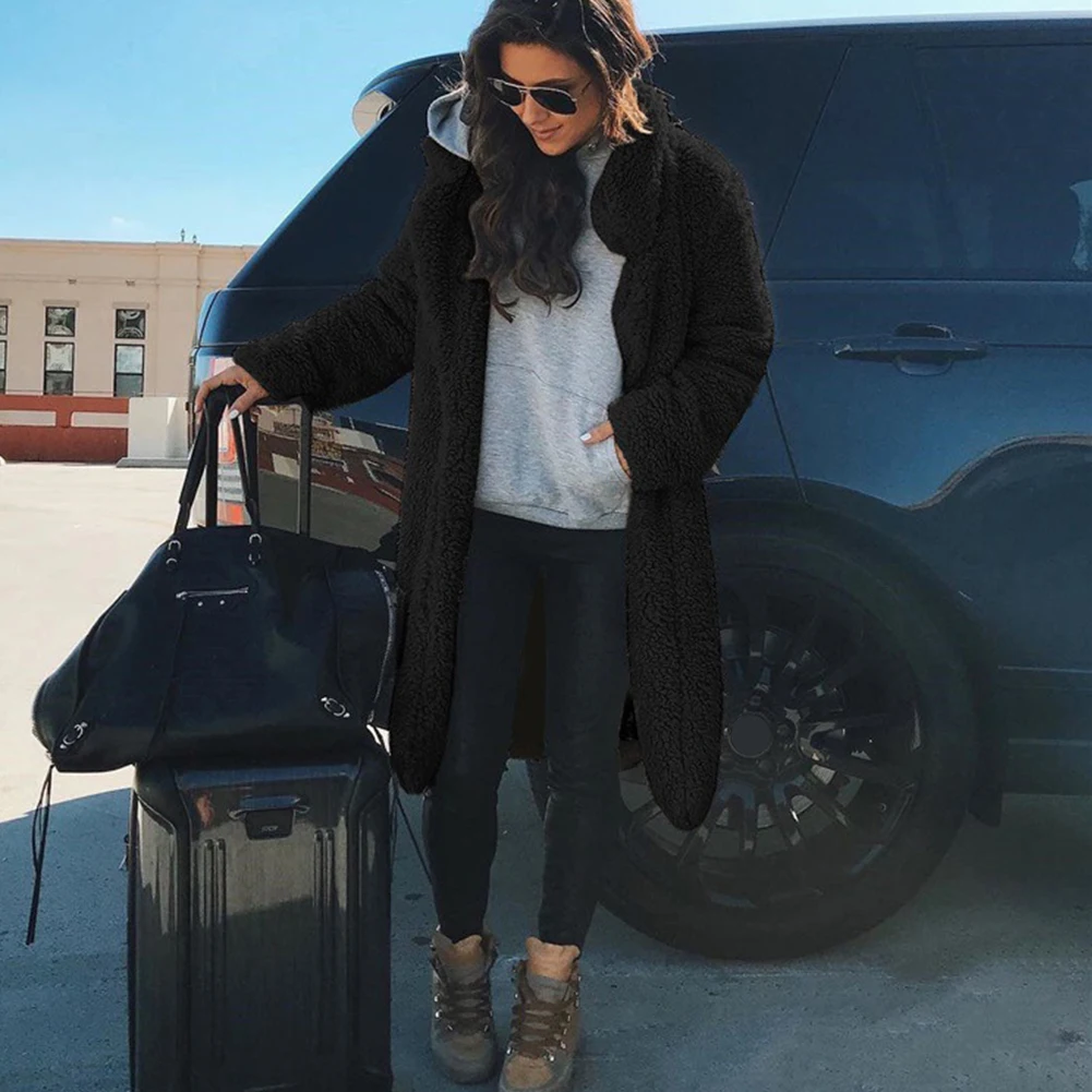 Женское пальто Тренч кардиган с лацканами теплый искусственный флис осень зима