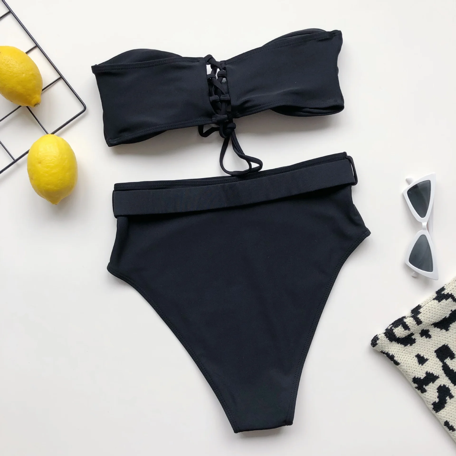Bandeau Bikini Set 2020 High waist swimsuit Black Red bikini female bathing suit swimwear women bathers Knot two piece Swimsuits | Женская