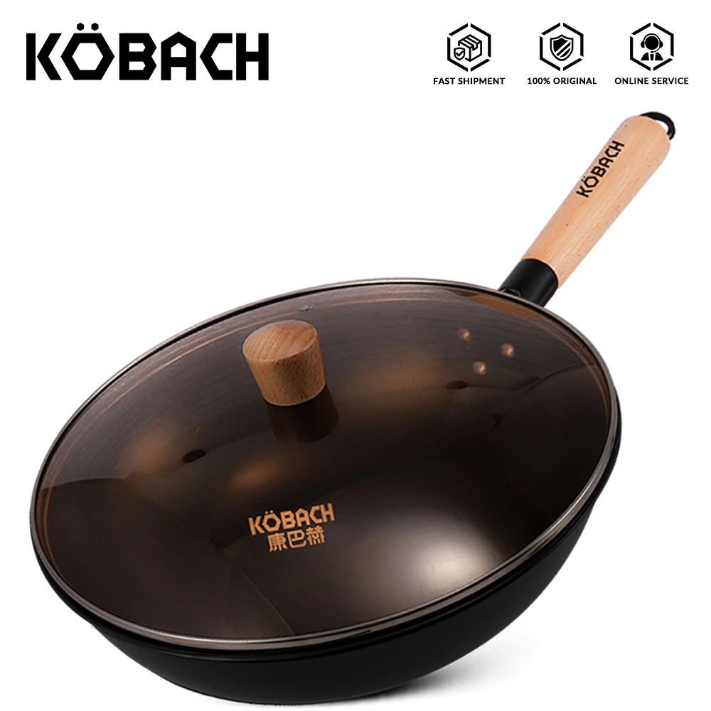 

KOBACH cast iron pan wok 32cm chinese wok nonstick pan pure iron pan with glass lid and wooden handle frying pan with lid