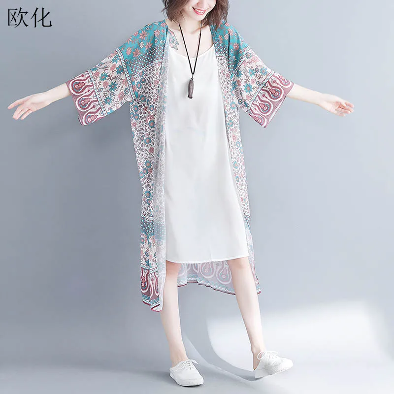 Летняя женская блузка в стиле бохо 2020 винтажное женское длинное кимоно из шифона