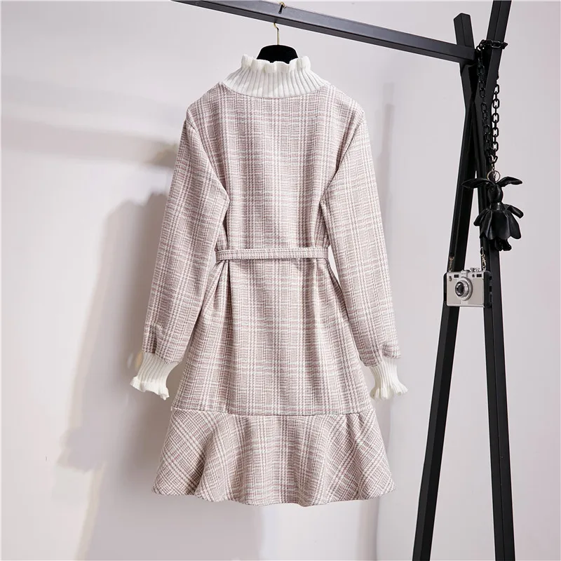 Ly Varey Lin Elegant Plaid Dress Women Turtle Neck Knitted Short Lady Ruffle Sashes Vintage Autumn Office Ladies Vestidos | Женская