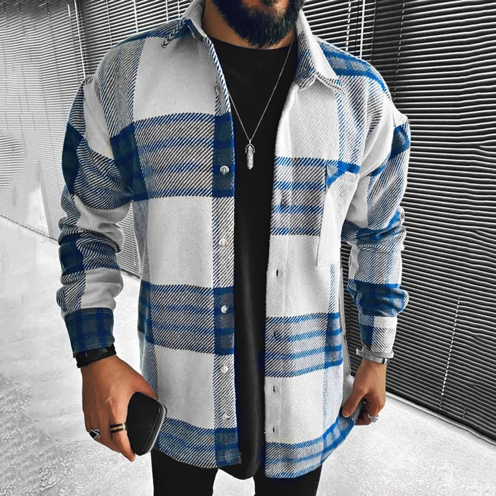 

New Color Stitching Plaid Jacket Men's Clothing Streetwear Fashion Lapel Long-sleeved Jacket Casual Single-breasted Jacket Tops