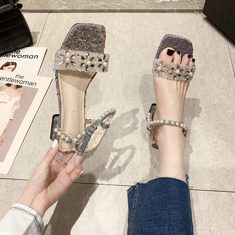 

One word buckle sandals summer new style exquisite rhinestone fashion trend temperament mid-heel women's shoes