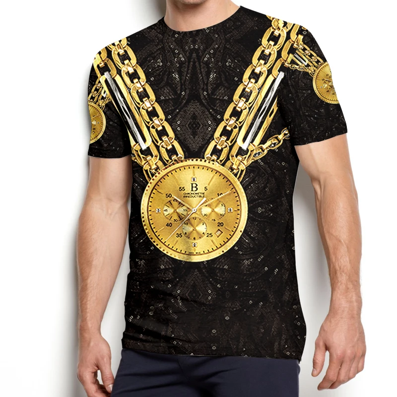 

CJLM Summer Sports O-neck Tshirt Fashion Leisure Gold Chain Gold Watch Print T Shirt Black Hip Hop Men's T-shirt Direct Sales
