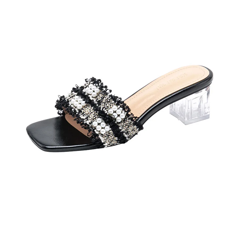 

Square heel Slippers Women Summer Glitter Slides Med Shoes Fashion Heeled Mules Pantofle Block Jelly Luxury High 2021 Rubber PU