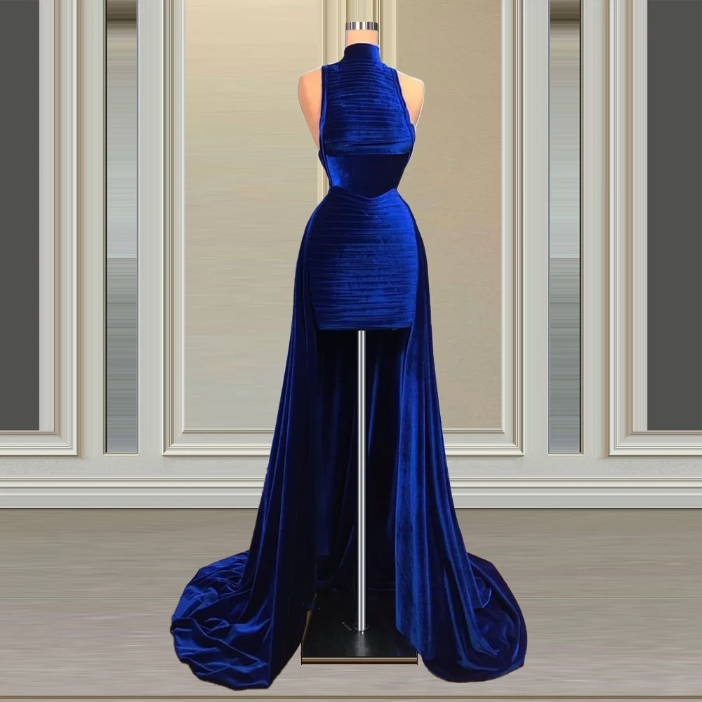 

Bandage Bodice Royal Blue Velour Prom Dress Detachable Skirt vestido de fiesta de boda High Sweep Train Celebrity Dresses