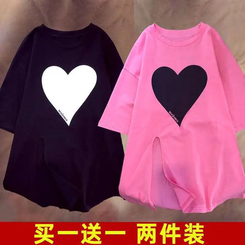 

One piece summer new 2021 Love Print split loose large women's T-shirt