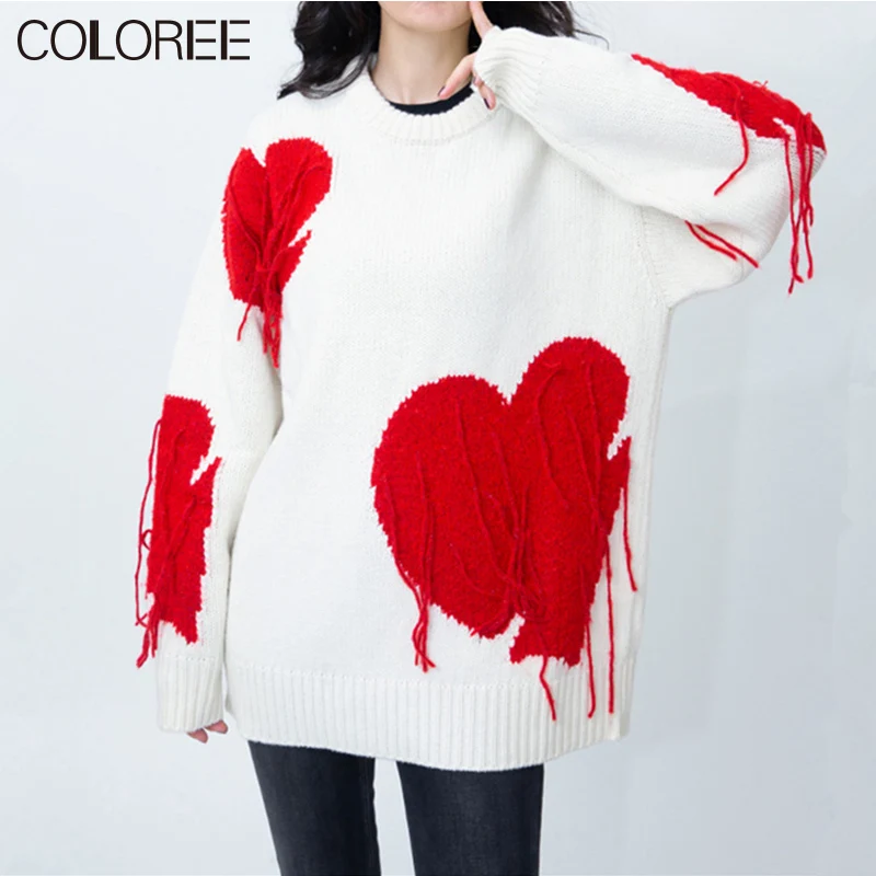 

Платья с подиума Топы для женщин 2021 красный с кисточкой-сердцем Pull Femme Hiver осень-зима Свободный Повседневный трикотажный свитер