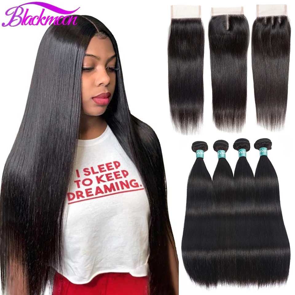 

Straight Human Hair Bundles with Closure Brazilian Hair Weave Bundles with Closure Remy Hair Extensions Natural Color 3 Bundles