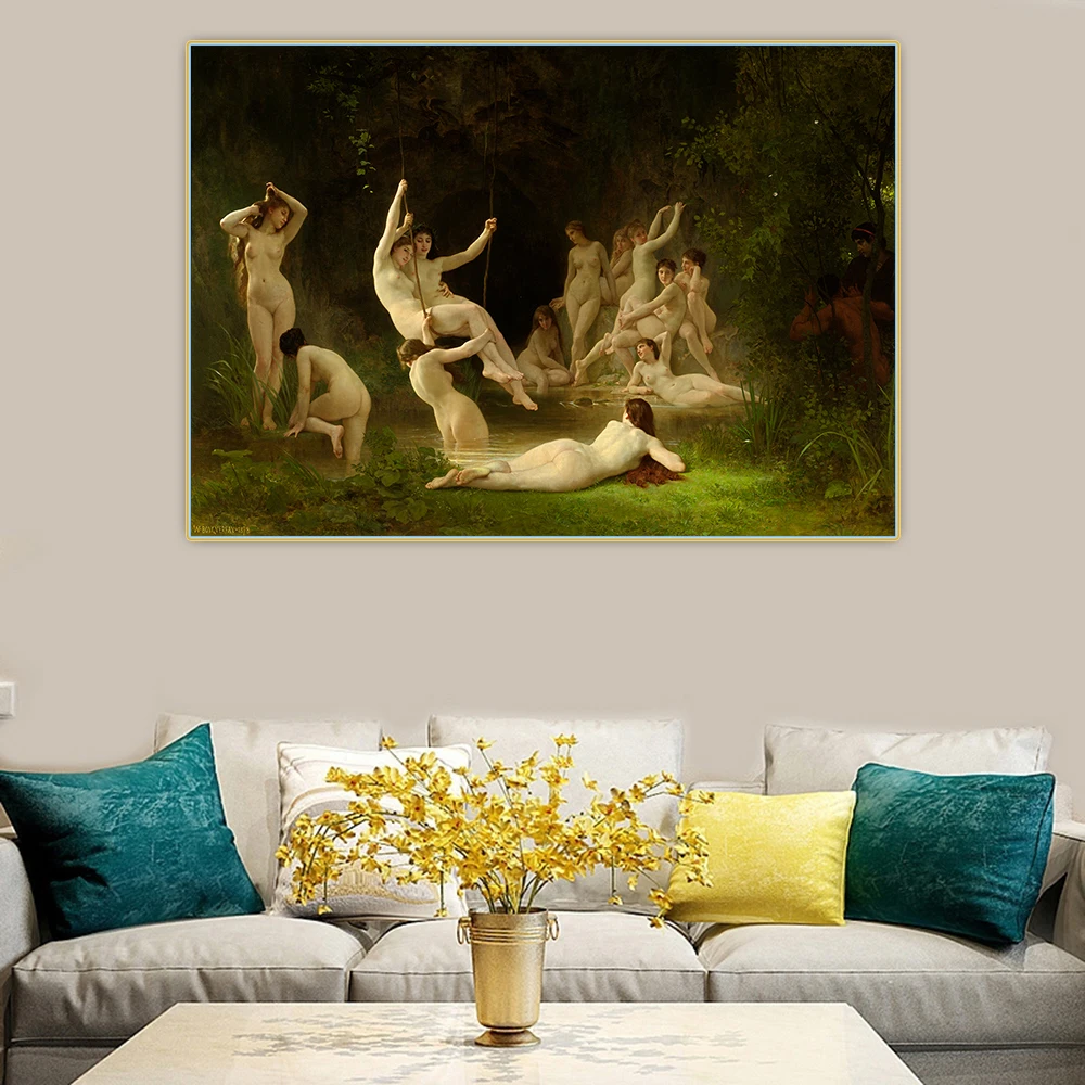 

Holover Canvas Oil Painting William Adolphe Bouguereau"The Nymphaeum(Nude beauty)"Aestheticism Poster Aesthetic Home Decor