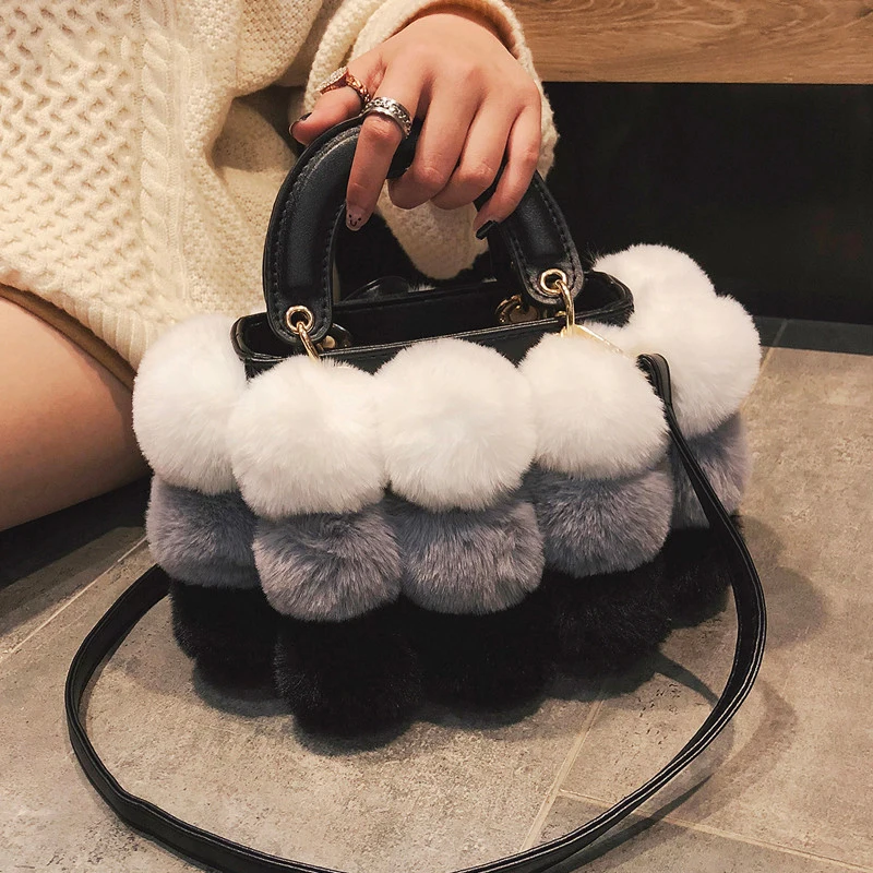 

HISUELY Winter Faux Fur Luxury New Ladies Cute Tote Bag Women Designer Handbag Hair Ball Shoulder Messenger Bags bolsos mujer