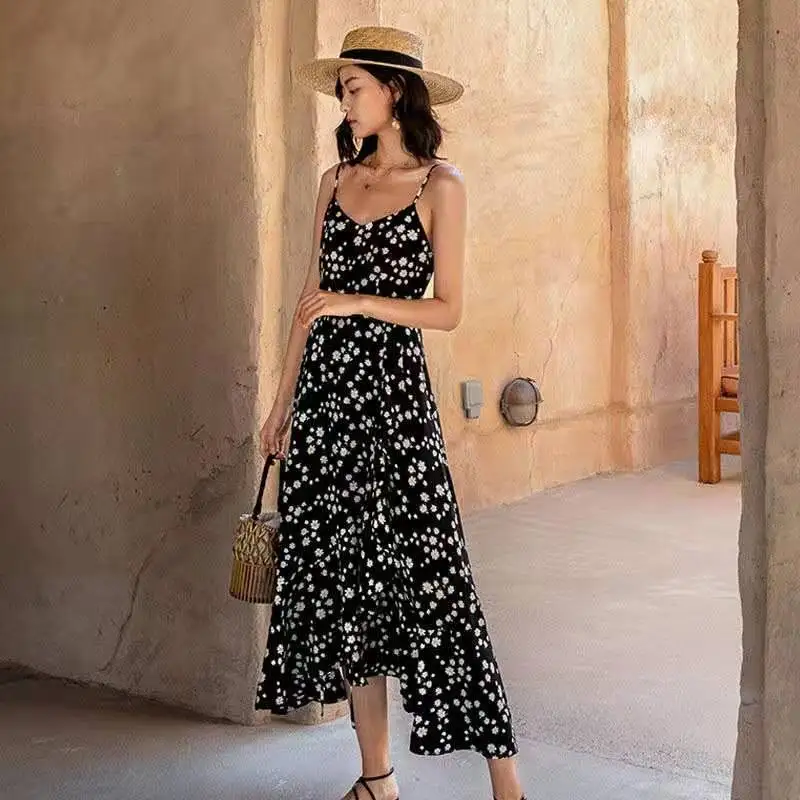 

French red floral condole belt dress temperament tea break dress women's 2021 spring and summer new Joker holiday beach dress