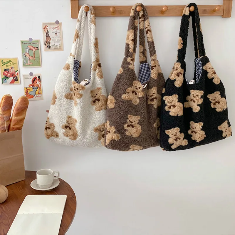 Women Lamb Like Fabric Shoulder Tote Bag Canvas Fluffy Fur Bear Handbags Large Capacity Soft Shopping Bags Girls Cute School Bag