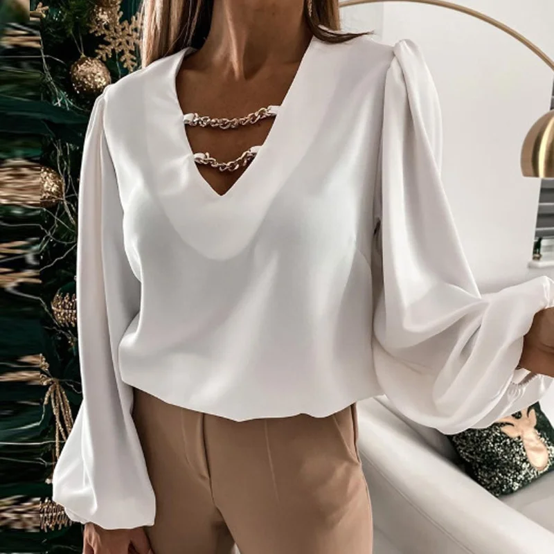 

2021 Spring Elegant Solid Color Long Sleeve Blouse Shirt Women Sexy V-Neck Hollow Out Pullover Tops Lady Fashion Slim Blusa XXL