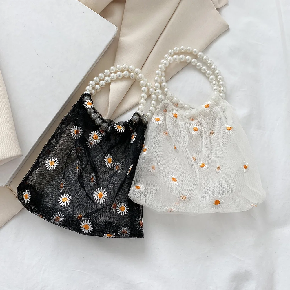 

Модные женские мини-сумки на плечо с вышивкой Маргариток и жемчужной цепочкой, повседневные универсальные дамские маленькие сумочки с ручк...