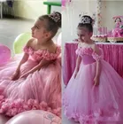 Новое красивое розовое платье принцессы с цветами для девочек с открытыми плечами Тюлевое платье ручной работы с цветами длиной в Пол для дня рождения платье для девочек нарядное платье