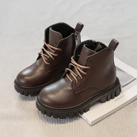 britain style retro brown solid school boot pu waterproof girls fashion japanese side zip low heel children autumn boots for boy