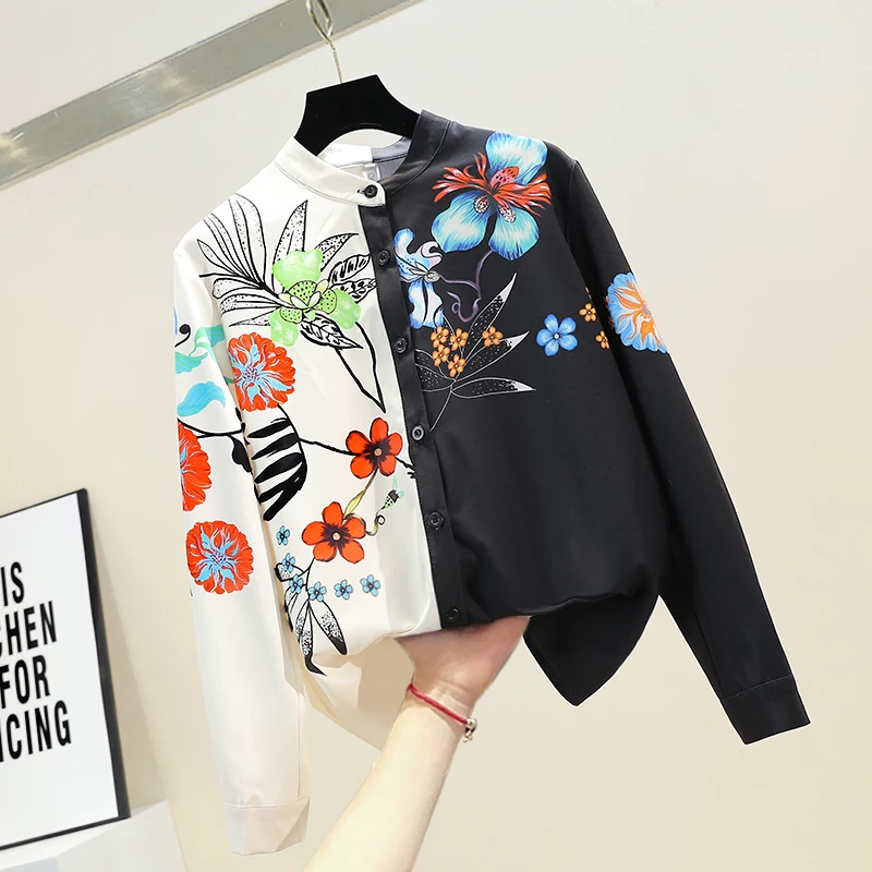 Весна 2020 новая Ретро блузка с принтом Женская приталенная рубашка цветным блоком