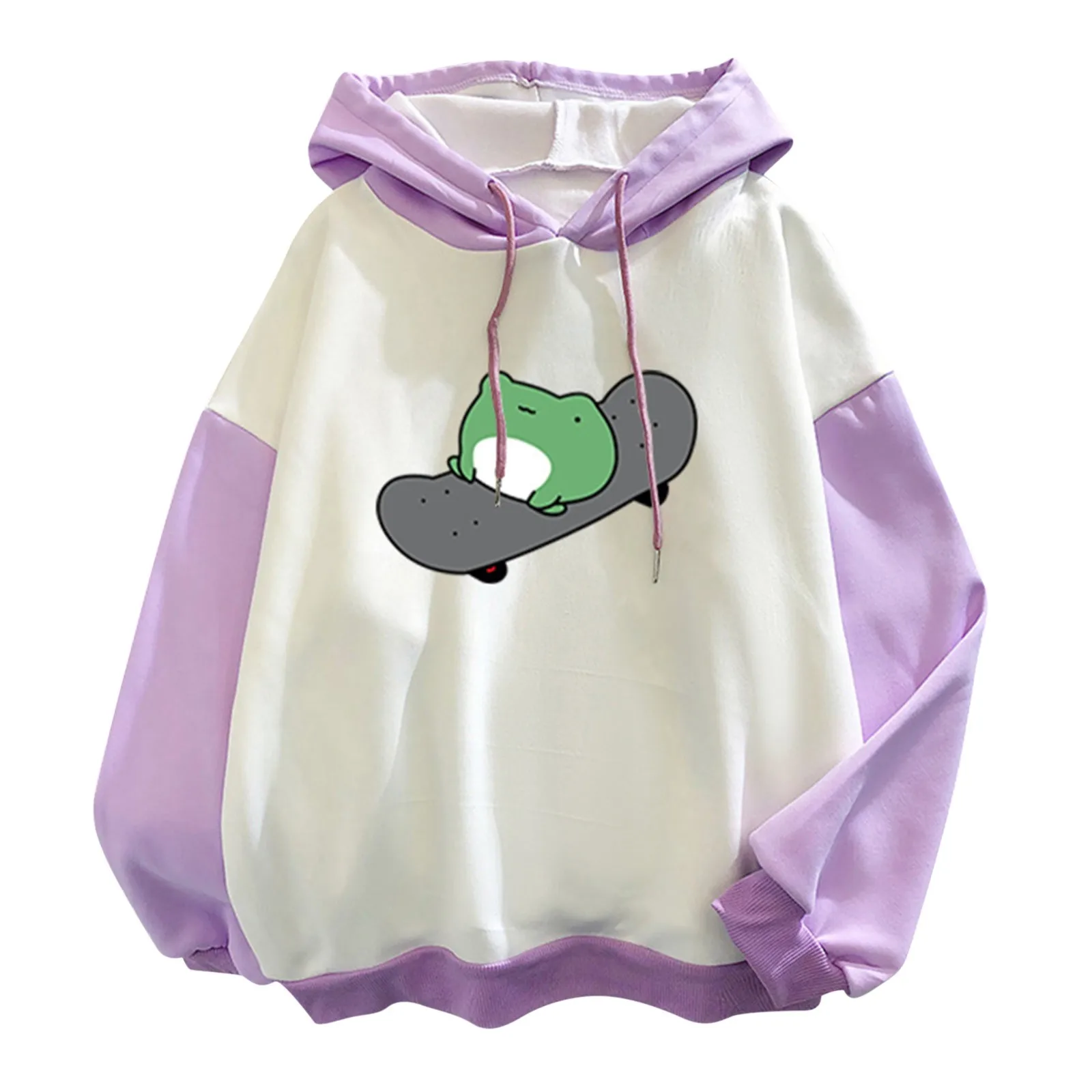

Women's Frog Prints Hoodies Stitching Cute Plus Velvet Long-sleeve Hooded Sweatshirt Top Ladies Harajuku Streetwear Top Clothes