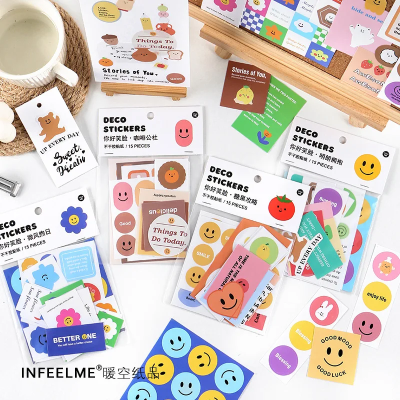 15Sheets Hello Smiley Mini Stationery Sticker Scrapbooking Seal Kawaii DIY Diary Journal Decorative Adhesive Paper Supplies | Канцтовары