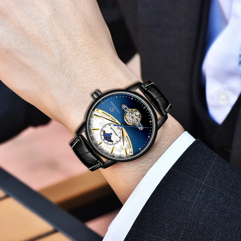 Forsining Tourbillon автоматические мужские часы Moonphase синий дизайн натуральная кожа