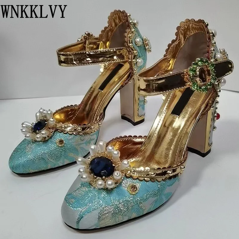 

New chunky high heels for women round toe pearl crystal decor pumps female wedding sandals dress party runway shoes 2021