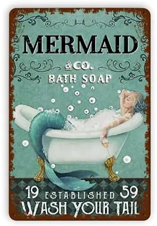 

Pizigci Mermaid Bath Soap Vintage Metal Tin Sign, Funny Fashion Retro Tin Sign Wall Art Decor, Home Decor for Bars, Restaurants,