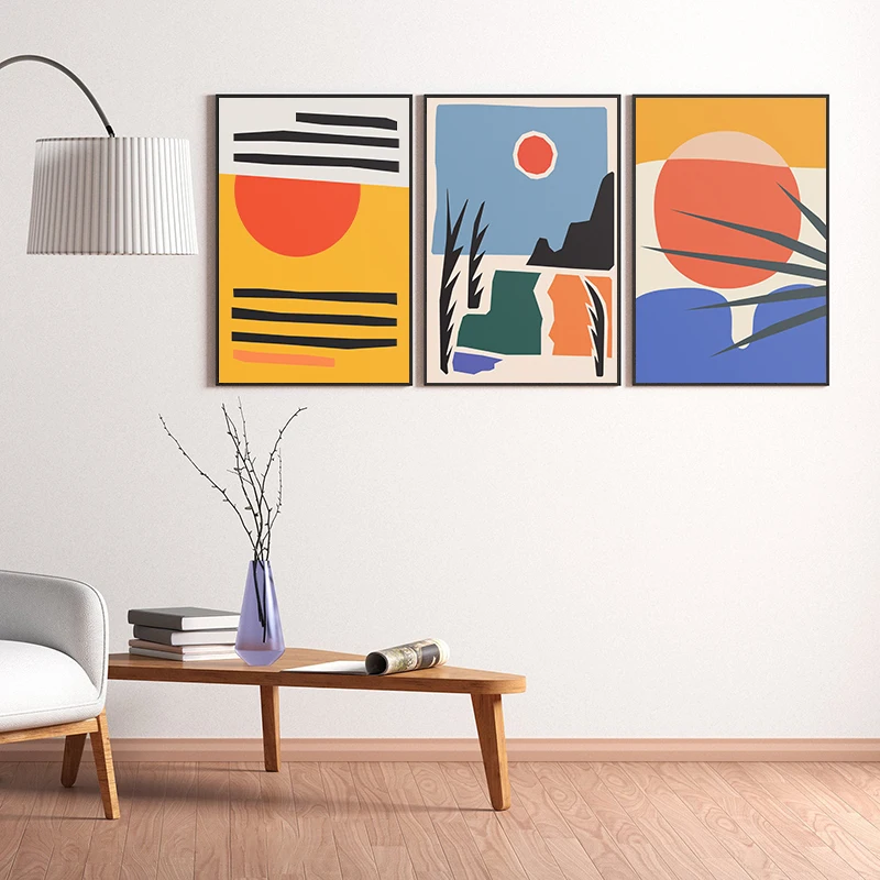

Abstract Colorful Geometry Posters and Print Sun Mountain River Wall Art Nordic Canvas Painting Decor For Home Nursery Kids Room