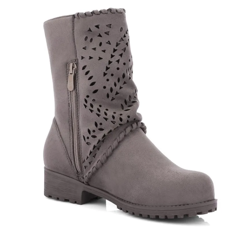 

New Spring Suede Ankle Boots Fashion Hole Breathable Ethnic Women Shoes Casual Fringe Aquare Heel Short Booties Plus Size 43