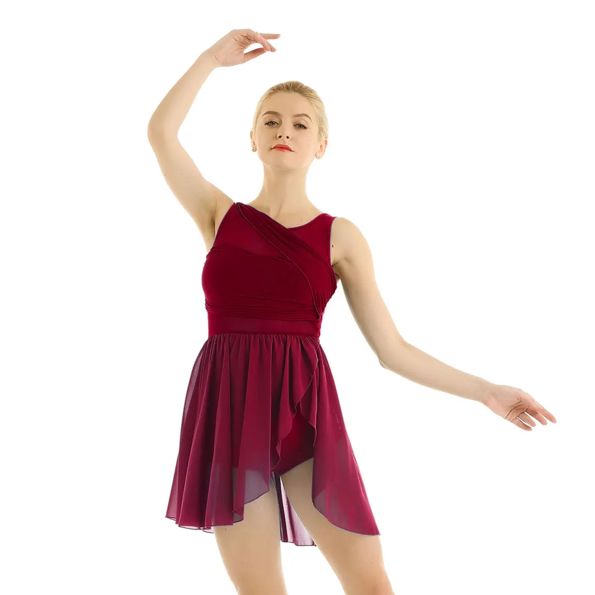 

Womens Adult Tutu Dance Dress Sleeveless Cut Out Asymmetric Chiffon Stretchy Ballet Dance Gymnastics Leotard Dress